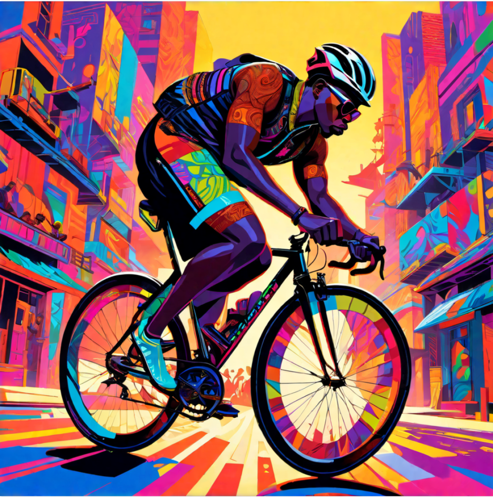 Modern representation of a black cyclist in a cityscape.